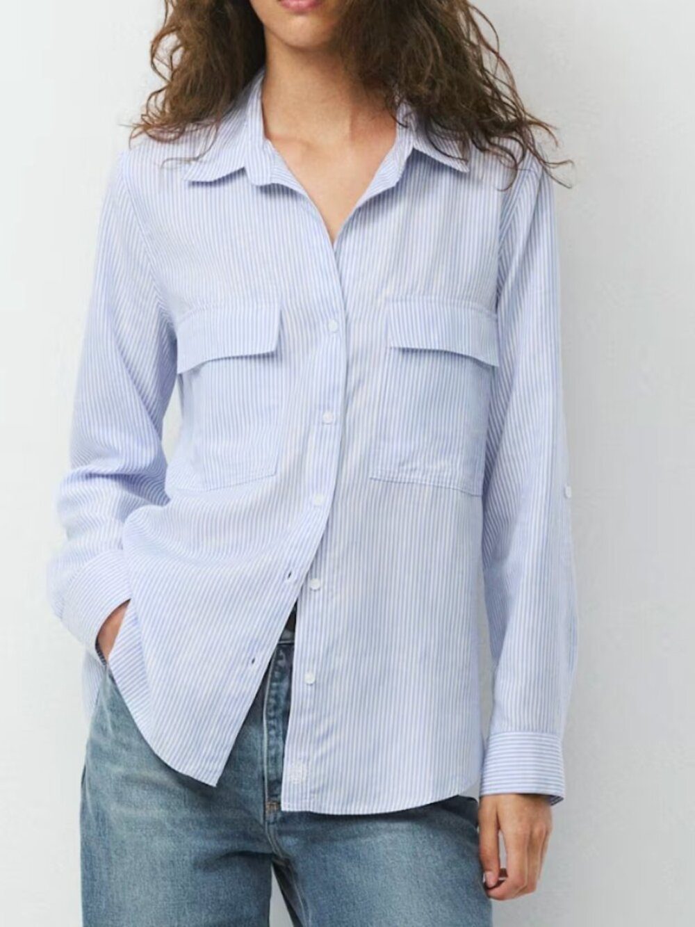 Aritzia Babaton Light Blue & White Striped Button-Down Shirt